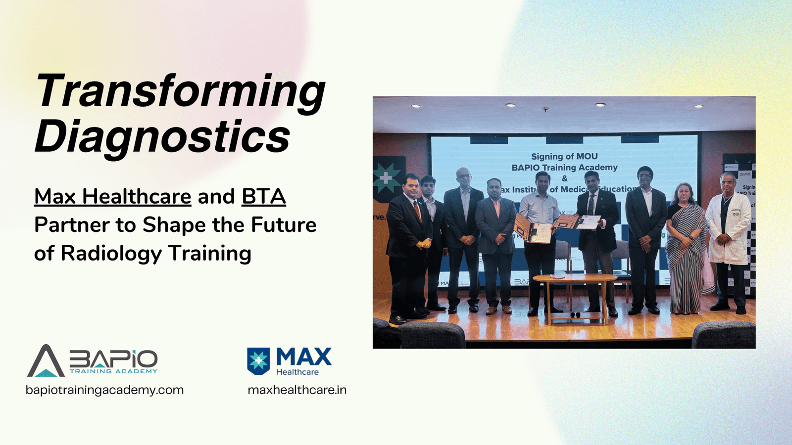 Representatives and leaders from Max Healthcare and the BAPIO Training Academy pose together to announce their new partnership aimed at enhancing medical training in India